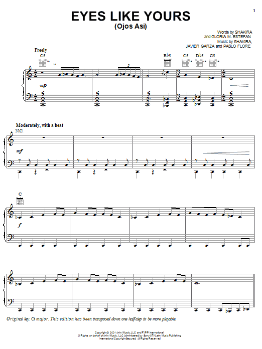 Download Shakira Eyes Like Yours (Ojos Asi) Sheet Music and learn how to play Piano, Vocal & Guitar (Right-Hand Melody) PDF digital score in minutes