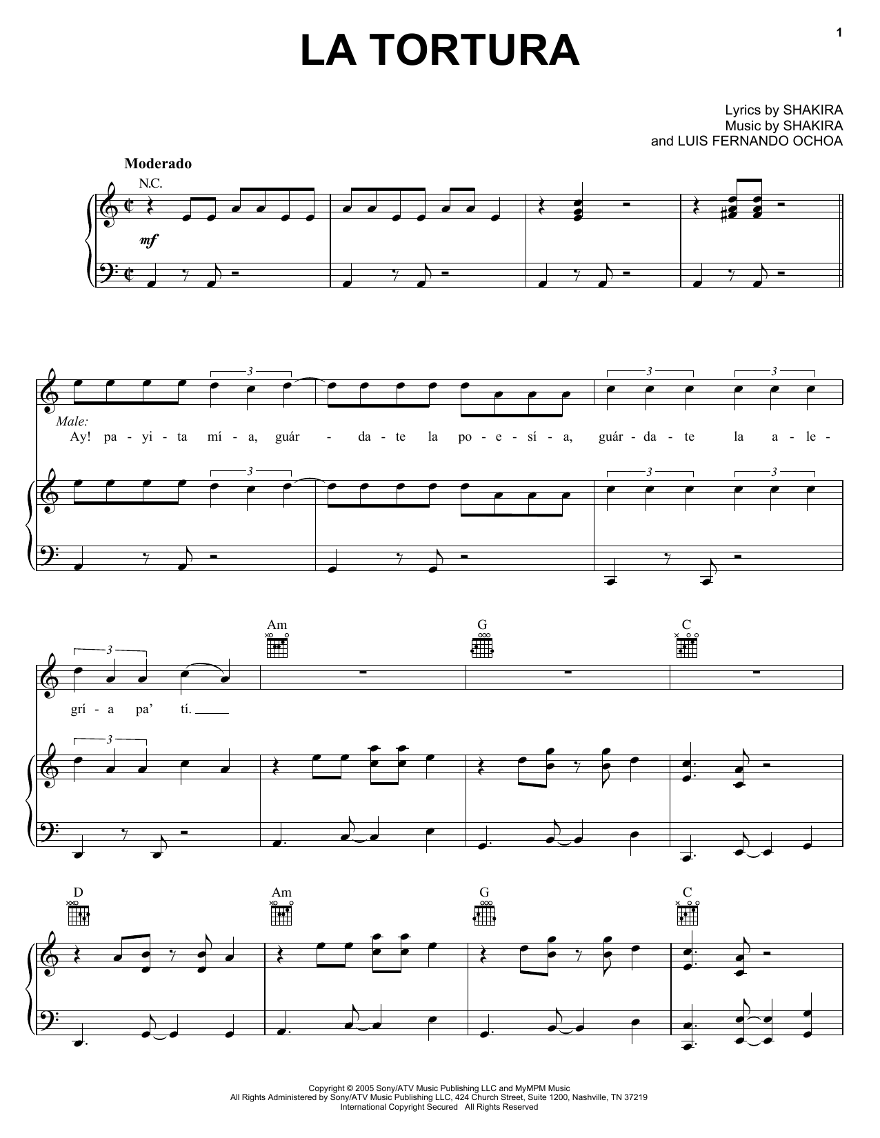 Download Shakira La Tortura Sheet Music and learn how to play Piano, Vocal & Guitar (Right-Hand Melody) PDF digital score in minutes