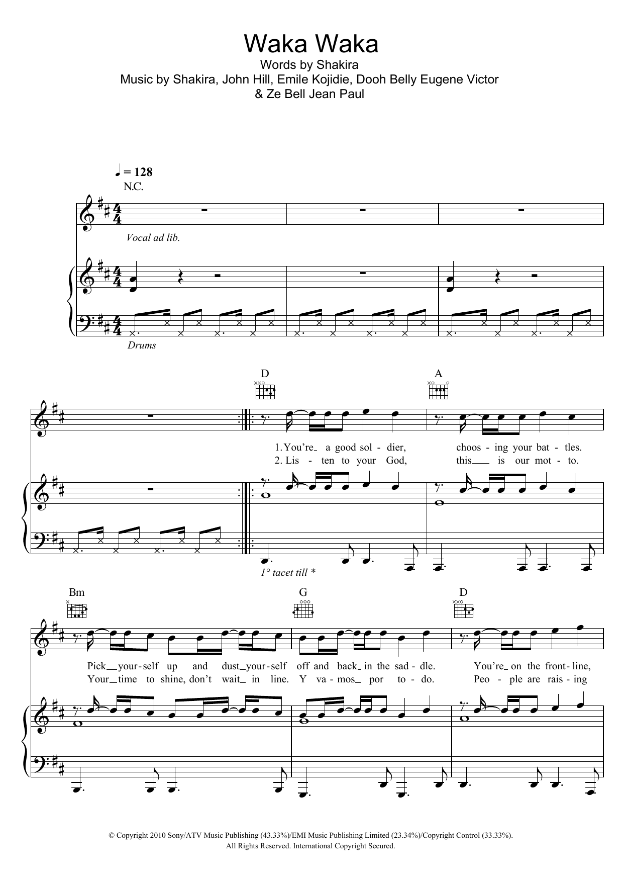 Download Shakira Waka Waka (This Time For Africa) (feat. Freshlyground) Sheet Music and learn how to play Piano, Vocal & Guitar (Right-Hand Melody) PDF digital score in minutes