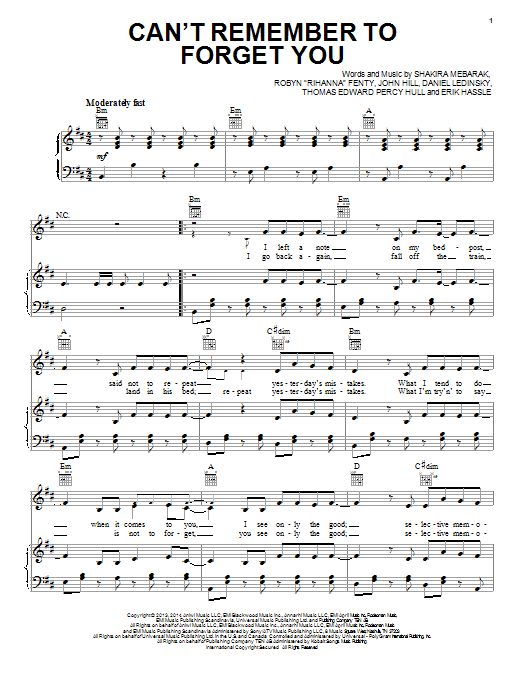 Download Shakira Can't Remember To Forget You (feat. Rihanna) Sheet Music and learn how to play Piano, Vocal & Guitar (Right-Hand Melody) PDF digital score in minutes