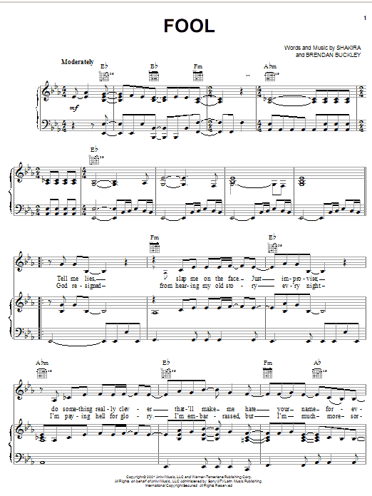 Download Shakira Fool Sheet Music and learn how to play Piano, Vocal & Guitar (Right-Hand Melody) PDF digital score in minutes