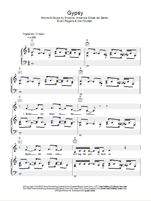 Download Shakira Gypsy Sheet Music and learn how to play Piano, Vocal & Guitar (Right-Hand Melody) PDF digital score in minutes
