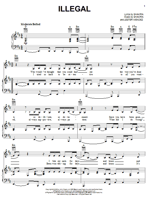 Download Shakira Illegal Sheet Music and learn how to play Piano, Vocal & Guitar (Right-Hand Melody) PDF digital score in minutes
