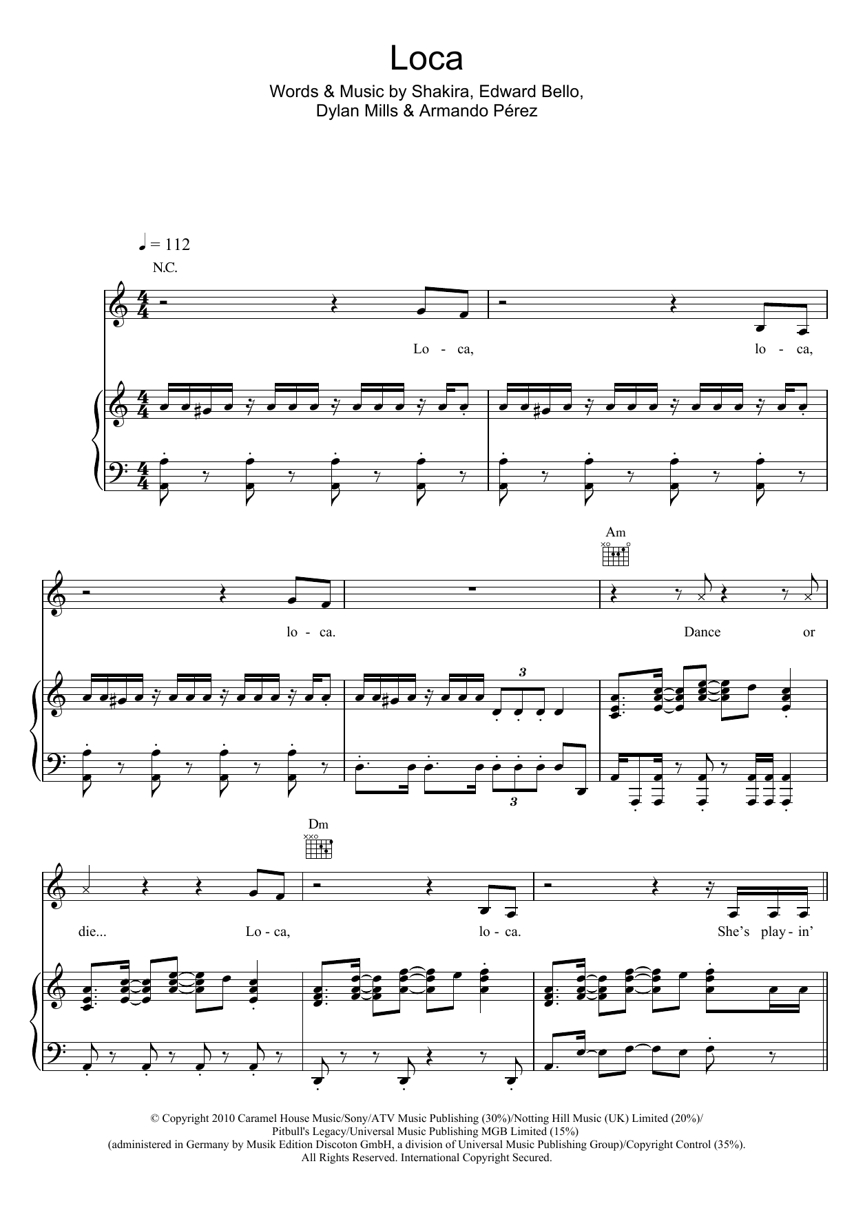 Download Shakira Loca (feat. Dizzee Rascal) Sheet Music and learn how to play Piano, Vocal & Guitar (Right-Hand Melody) PDF digital score in minutes