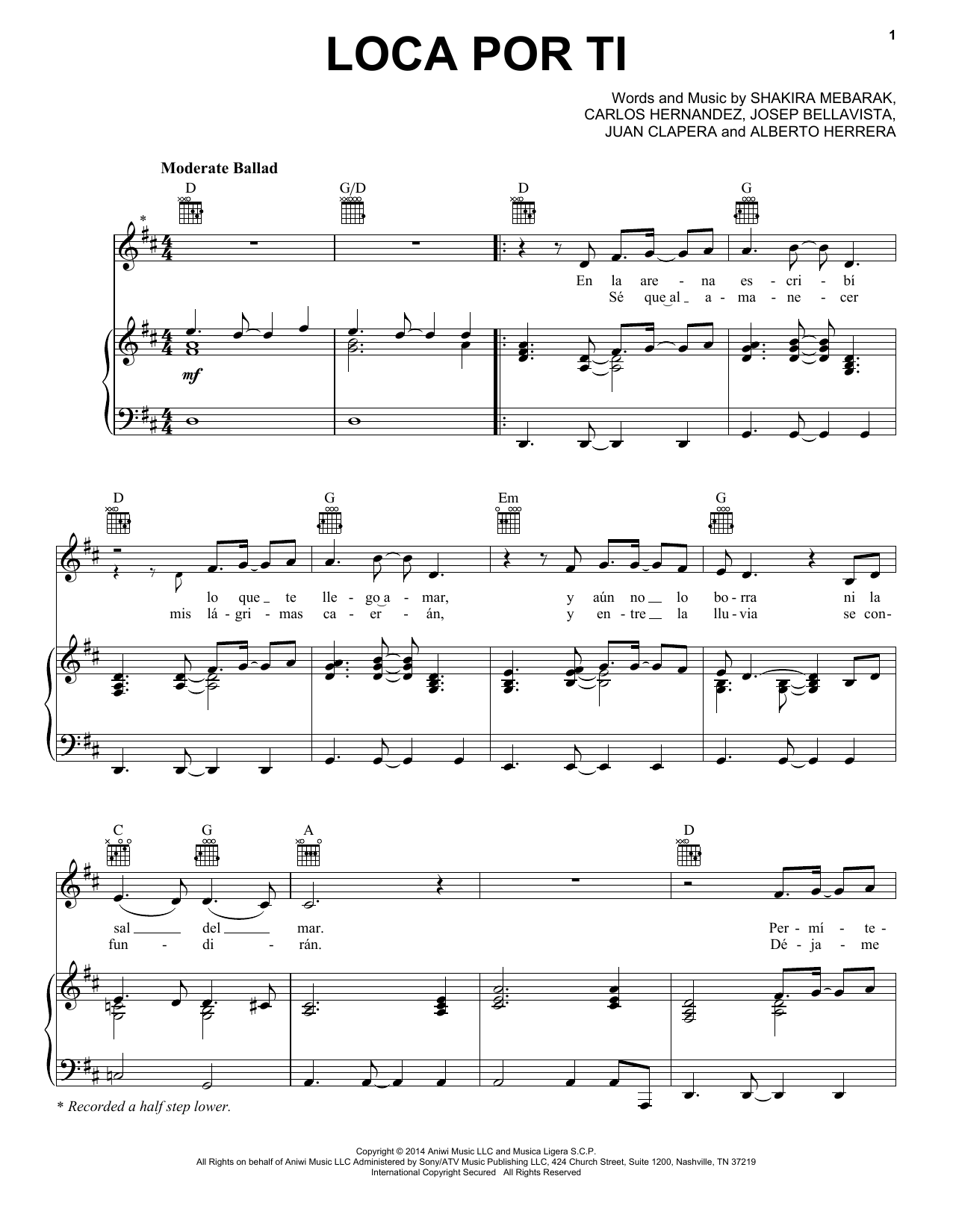 Download Shakira Loca Por Ti Sheet Music and learn how to play Piano, Vocal & Guitar (Right-Hand Melody) PDF digital score in minutes