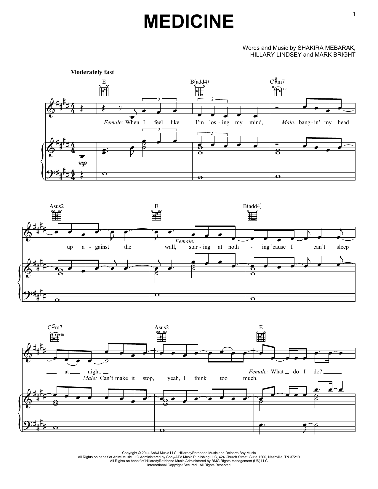 Download Shakira Medicine Sheet Music and learn how to play Piano, Vocal & Guitar (Right-Hand Melody) PDF digital score in minutes