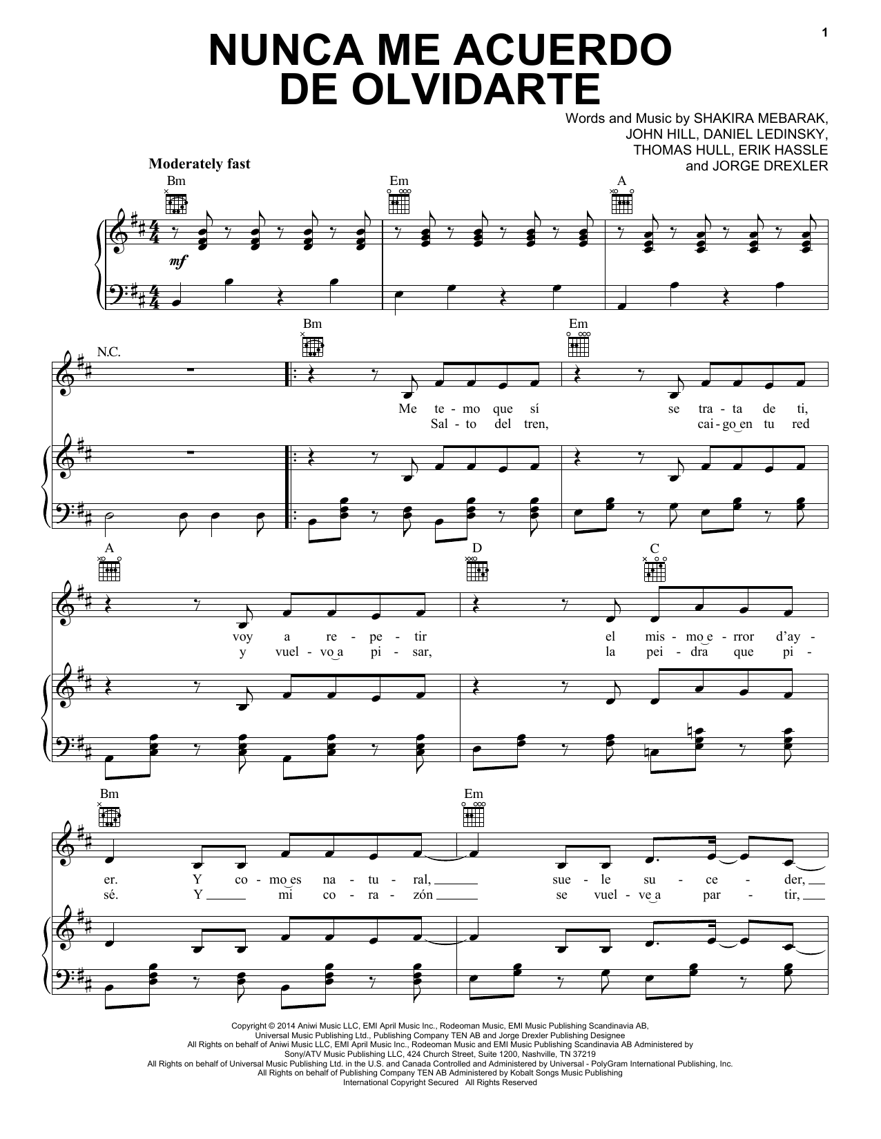 Download Shakira Nunca Me Acuerdo De Olvidarte Sheet Music and learn how to play Piano, Vocal & Guitar (Right-Hand Melody) PDF digital score in minutes