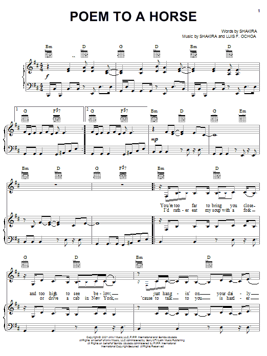 Download Shakira Poem To A Horse Sheet Music and learn how to play Piano, Vocal & Guitar (Right-Hand Melody) PDF digital score in minutes