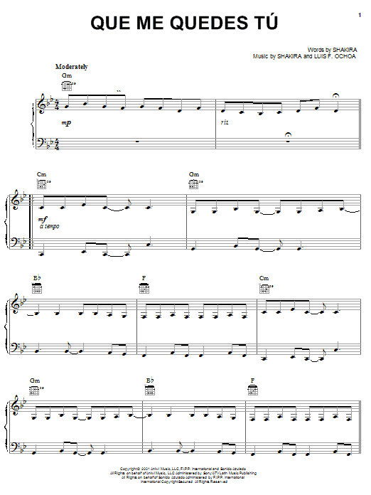 Download Shakira Que Me Quedes Tu Sheet Music and learn how to play Piano, Vocal & Guitar (Right-Hand Melody) PDF digital score in minutes