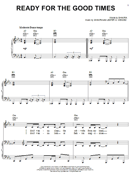 Download Shakira Ready For The Good Times Sheet Music and learn how to play Piano, Vocal & Guitar (Right-Hand Melody) PDF digital score in minutes