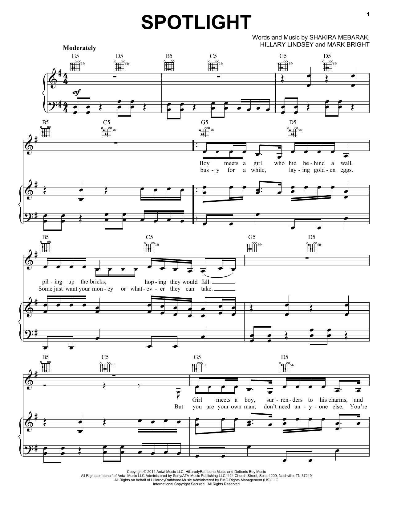 Download Shakira Spotlight Sheet Music and learn how to play Piano, Vocal & Guitar (Right-Hand Melody) PDF digital score in minutes