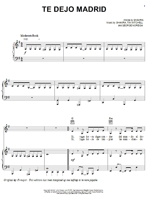 Download Shakira Te Dejo Madrid Sheet Music and learn how to play Piano, Vocal & Guitar (Right-Hand Melody) PDF digital score in minutes