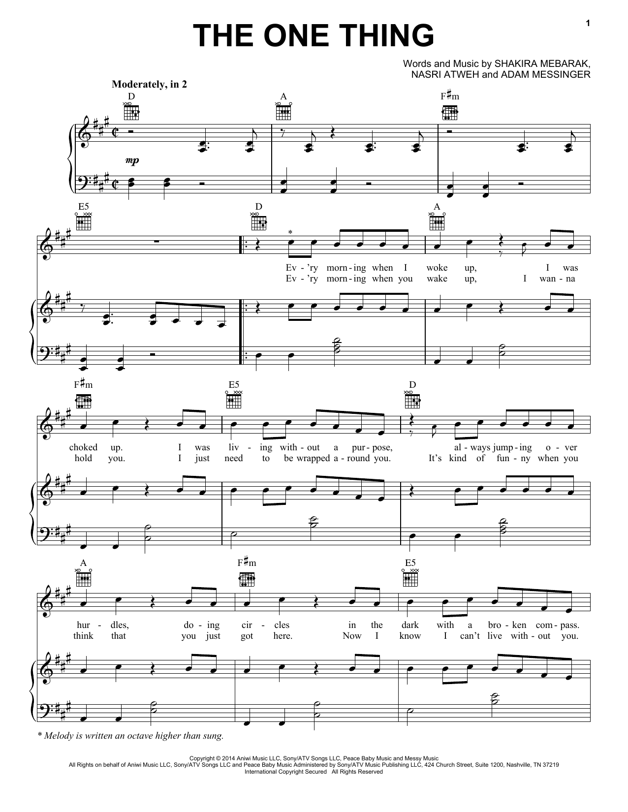Download Shakira The One Thing Sheet Music and learn how to play Piano, Vocal & Guitar (Right-Hand Melody) PDF digital score in minutes