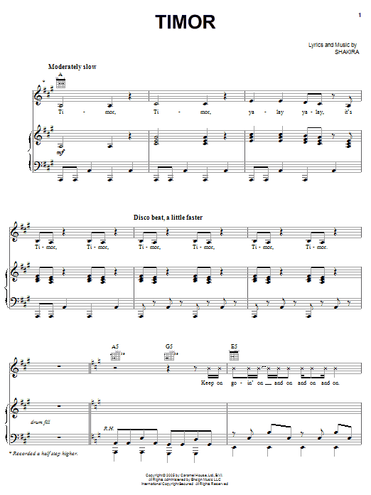 Download Shakira Timor Sheet Music and learn how to play Piano, Vocal & Guitar (Right-Hand Melody) PDF digital score in minutes