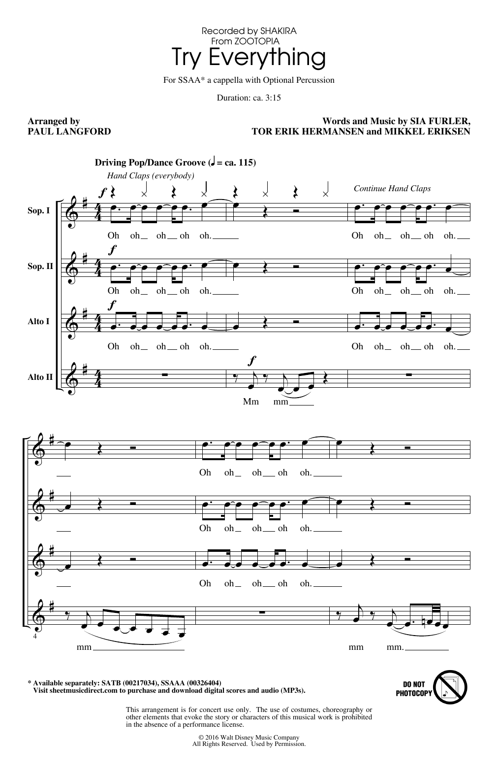 Download Shakira Try Everything (arr. Paul Langford) Sheet Music and learn how to play SSAA Choir PDF digital score in minutes