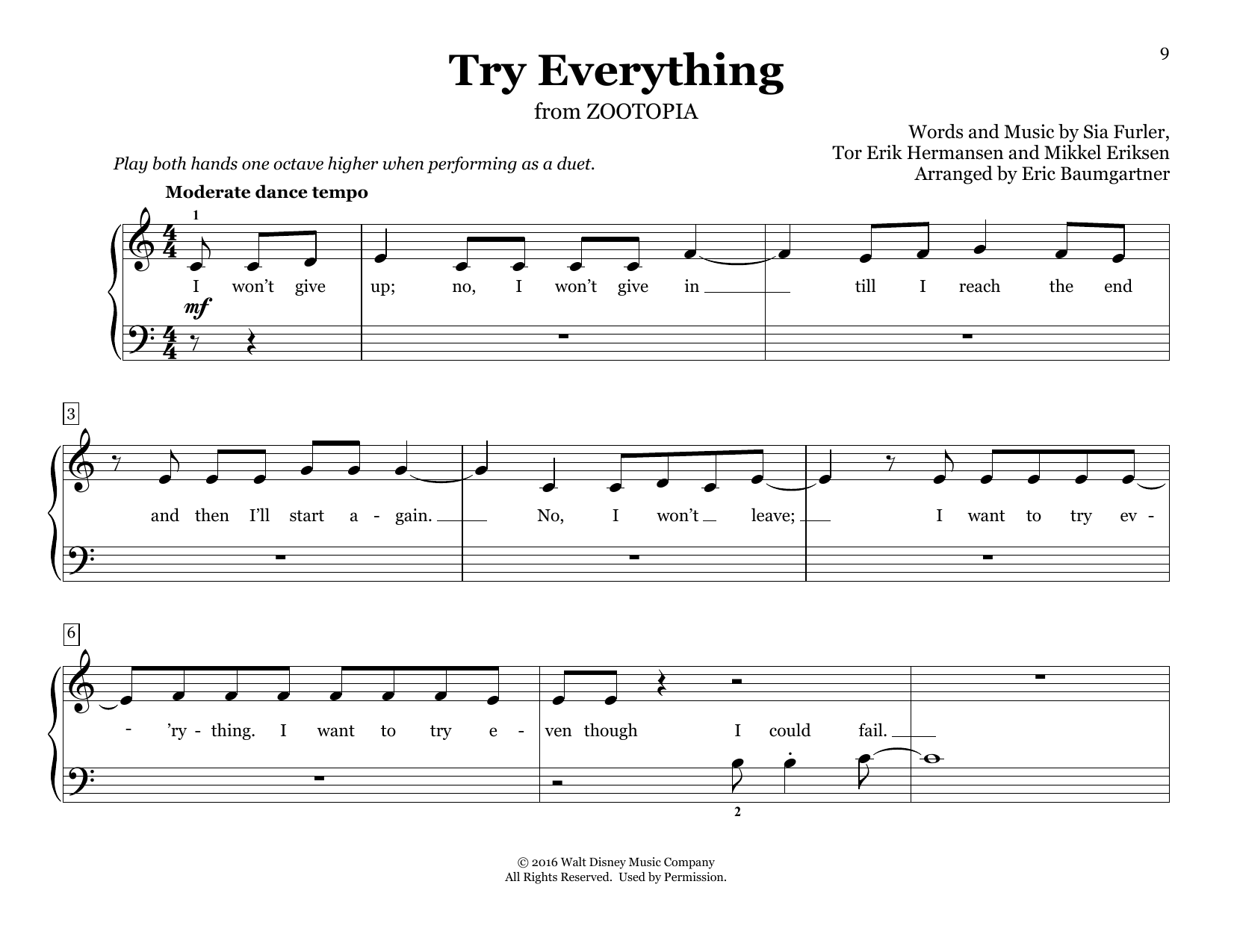Download Shakira Try Everything (from Zootopia) (arr. Eric Baumgartner) Sheet Music and learn how to play Piano Duet PDF digital score in minutes