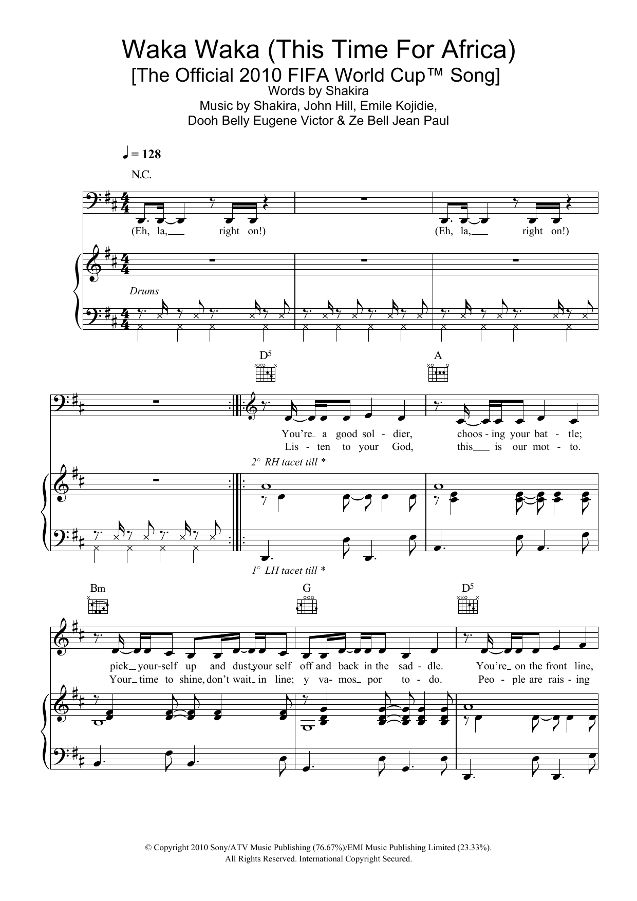 Download Shakira Waka Waka (This Time For Africa) (feat. Freshlyground) Sheet Music and learn how to play Piano, Vocal & Guitar PDF digital score in minutes