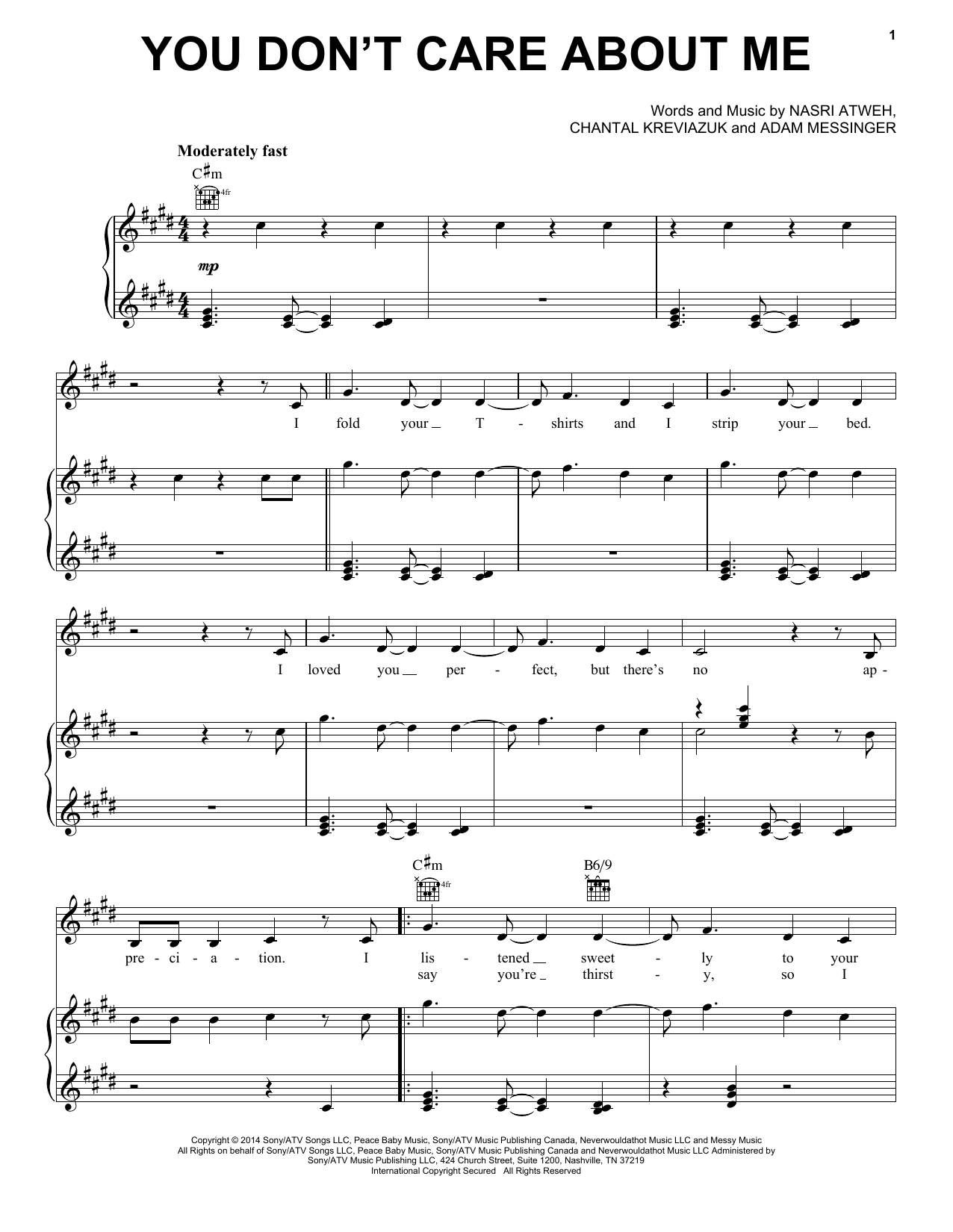 Download Shakira You Don't Care About Me Sheet Music and learn how to play Piano, Vocal & Guitar (Right-Hand Melody) PDF digital score in minutes