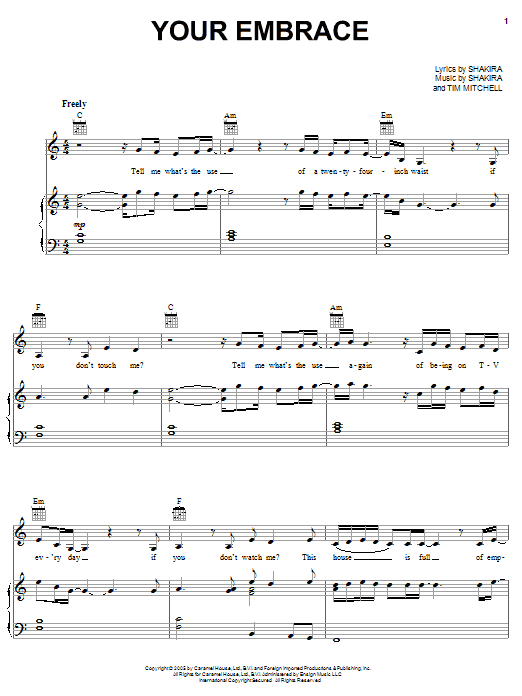 Download Shakira Your Embrace Sheet Music and learn how to play Piano, Vocal & Guitar (Right-Hand Melody) PDF digital score in minutes