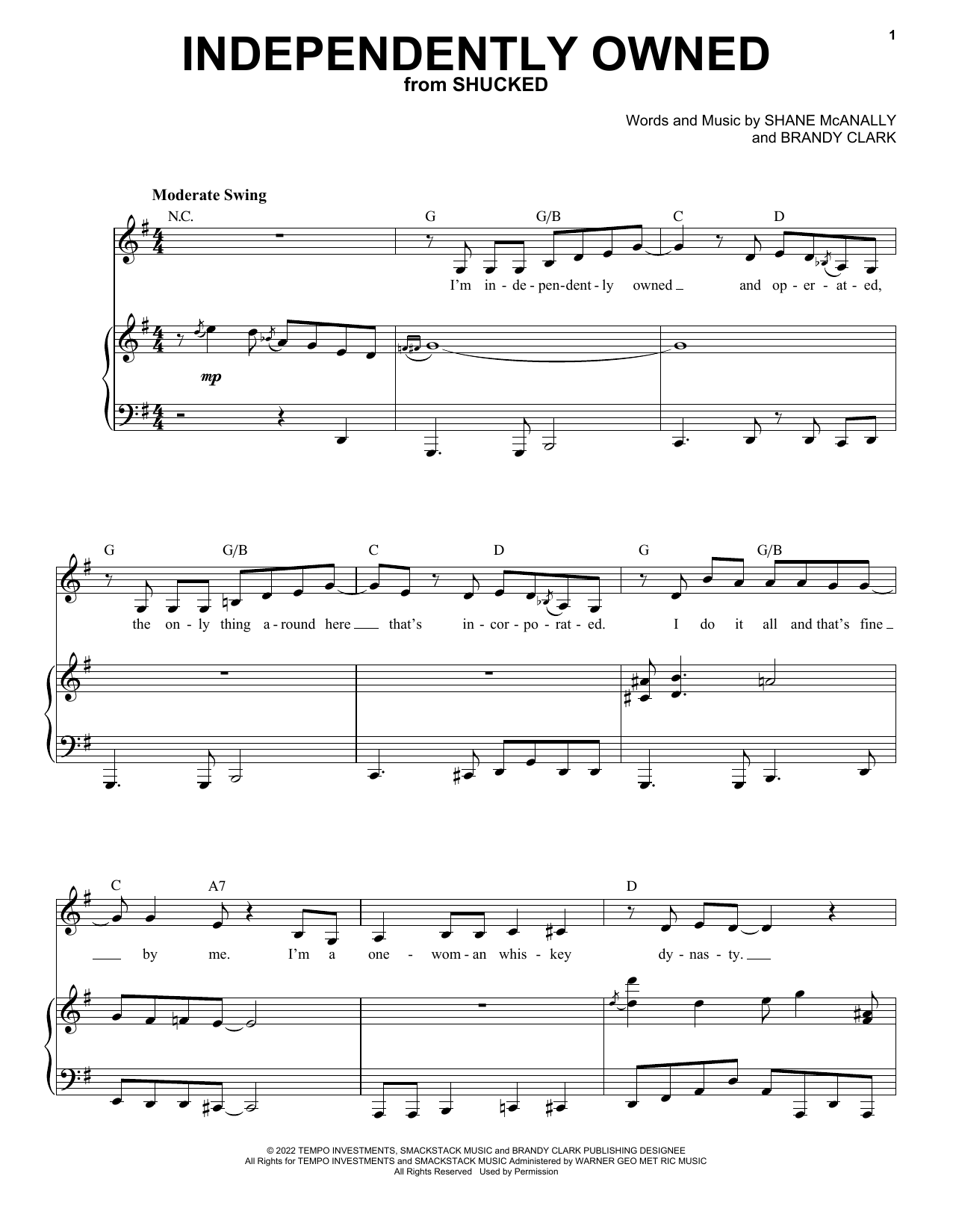 Download Shane McAnally and Brandy Clark Independently Owned (from Shucked) Sheet Music and learn how to play Piano & Vocal PDF digital score in minutes