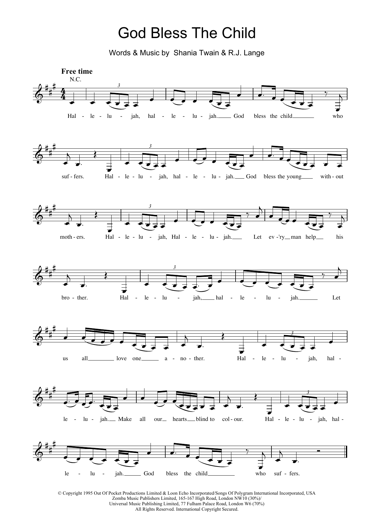 Download Shania Twain God Bless The Child Sheet Music and learn how to play Melody Line, Lyrics & Chords PDF digital score in minutes