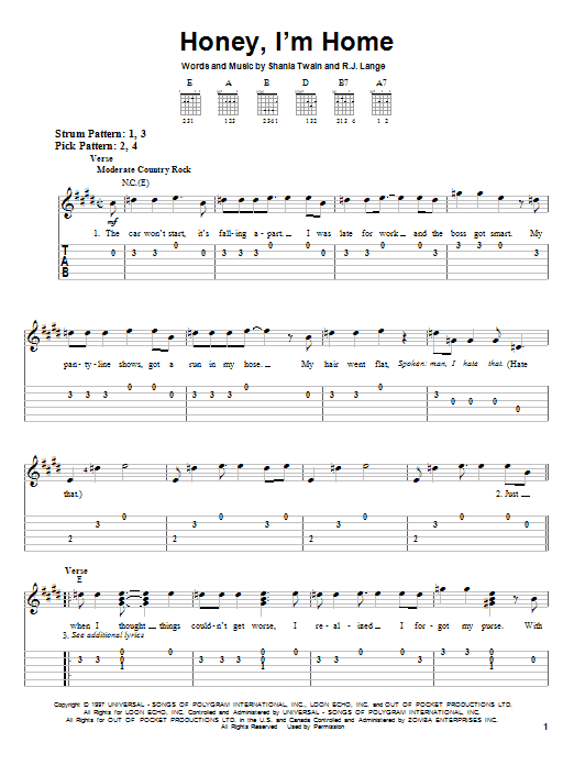 Download Shania Twain Honey, I'm Home Sheet Music and learn how to play Easy Guitar Tab PDF digital score in minutes