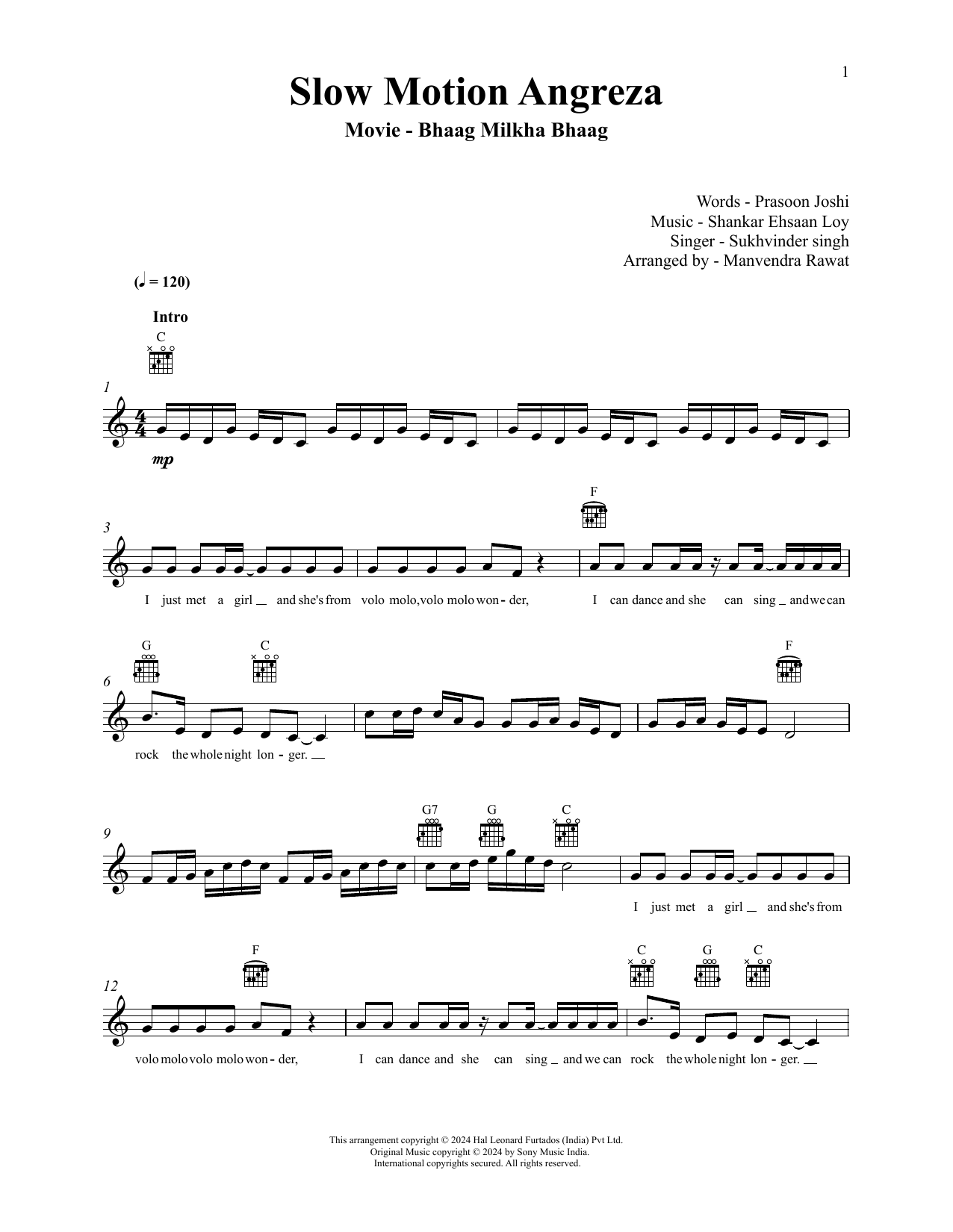 Download Shankar-Ehsaan-Loy Slow Motion Angreza (from Bhaag Milkha Bhaag) Sheet Music and learn how to play Lead Sheet / Fake Book PDF digital score in minutes