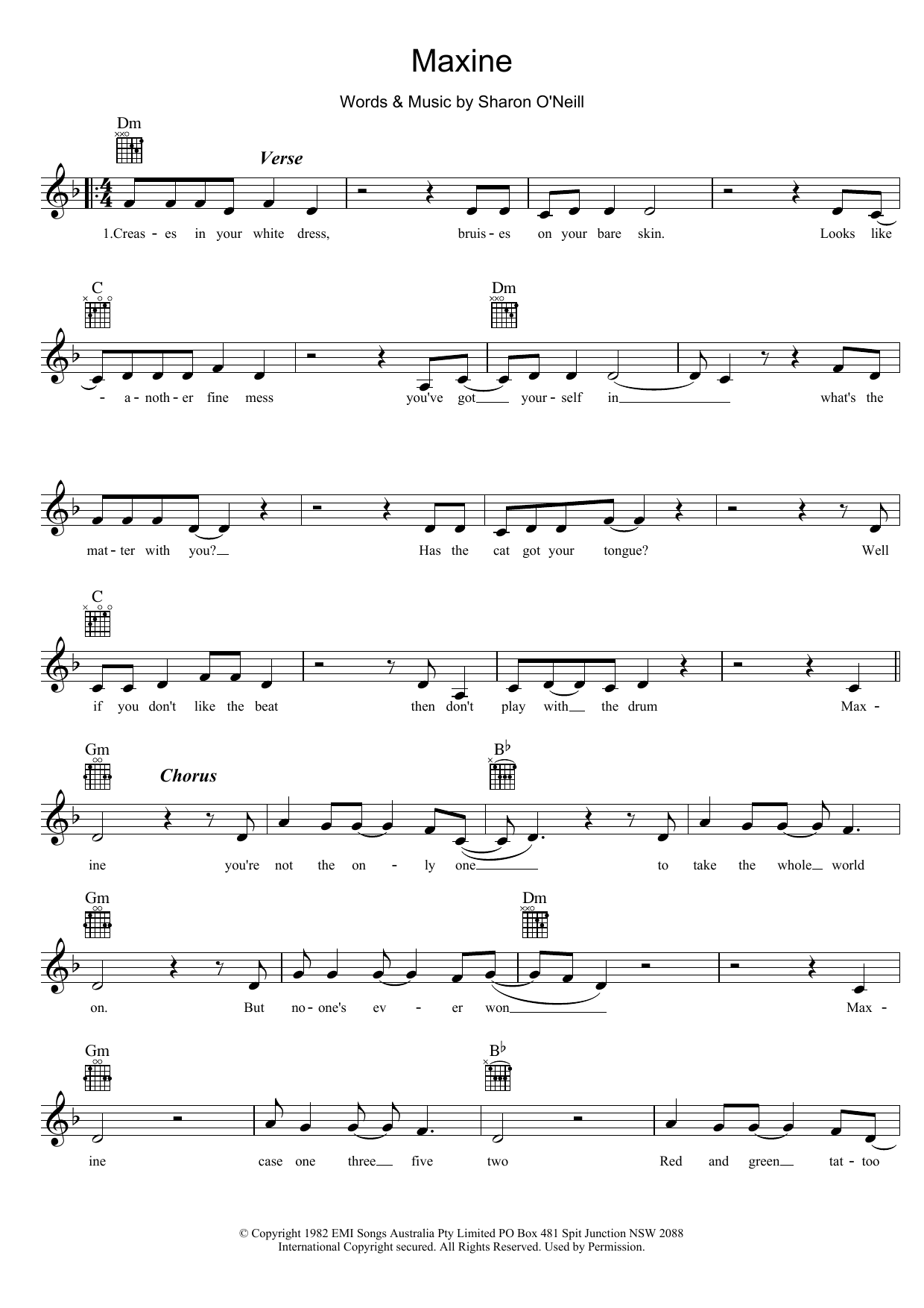 Download Sharon O'Neill Maxine Sheet Music and learn how to play Melody Line, Lyrics & Chords PDF digital score in minutes