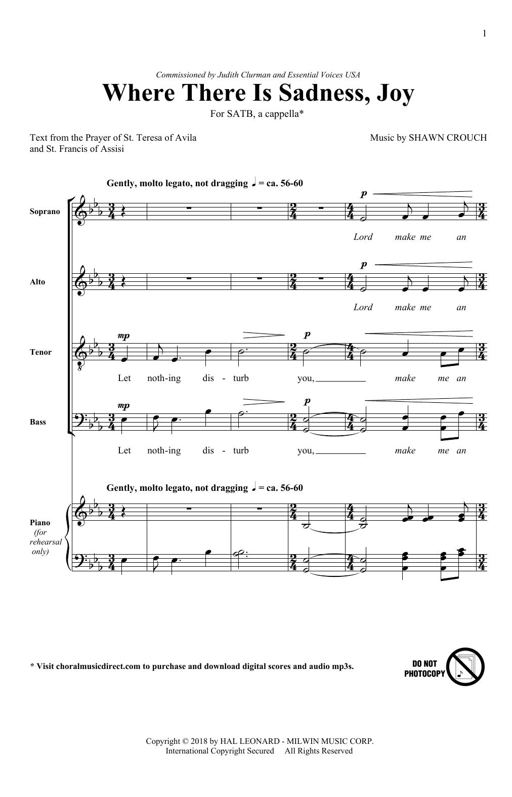 Download Shawn Crouch Where There Is Sadness, Joy Sheet Music and learn how to play SATB PDF digital score in minutes