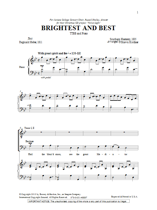 Download Shawn Kirchner Brightest And Best Sheet Music and learn how to play TTBB PDF digital score in minutes