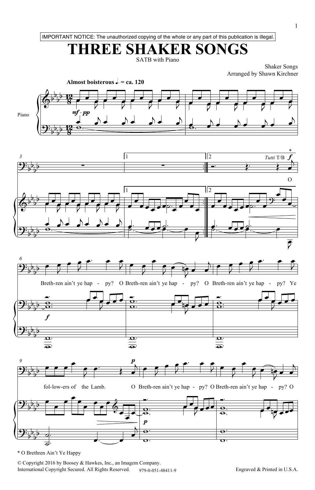 Download Shawn Kirchner Three Shaker Songs Sheet Music and learn how to play SATB PDF digital score in minutes