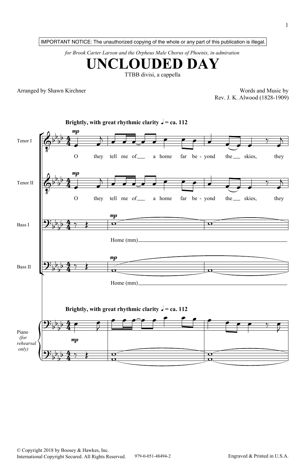 Download Shawn Kirchner Unclouded Day (from Heavenly Home: Three American Songs) Sheet Music and learn how to play SSAATTBB Choir PDF digital score in minutes