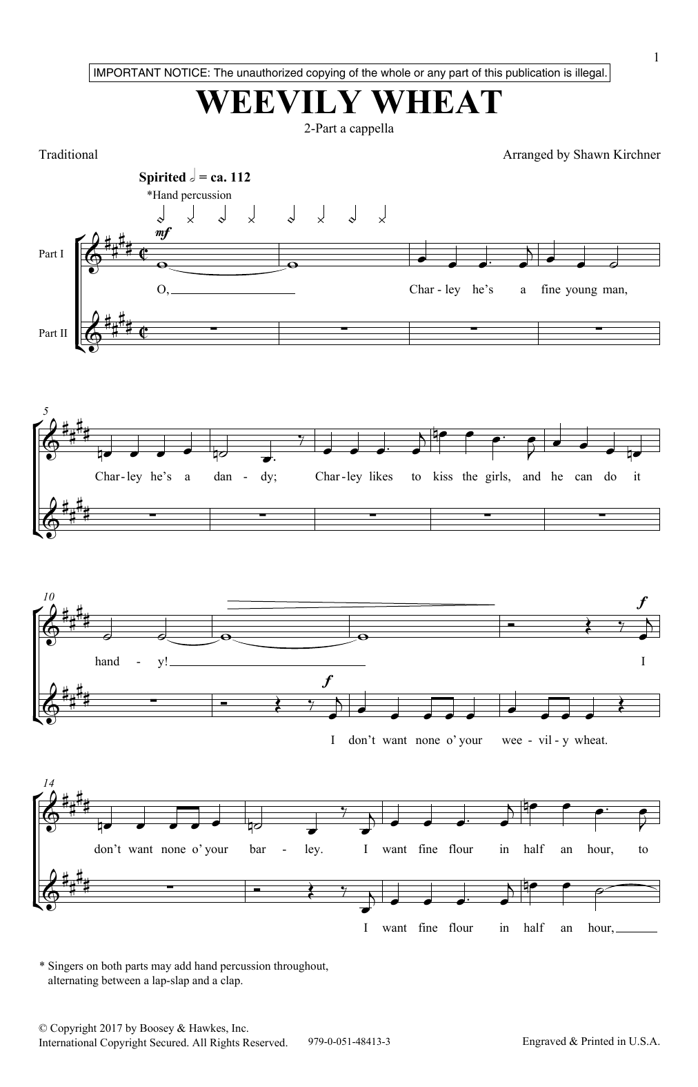 Download Shawn Kirchner Weevily Wheat Sheet Music and learn how to play 2-Part Choir PDF digital score in minutes