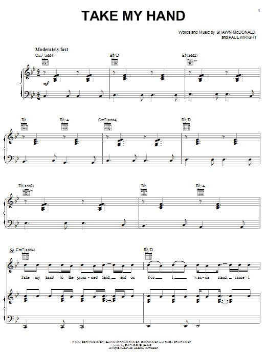 Download Shawn McDonald Take My Hand Sheet Music and learn how to play Piano, Vocal & Guitar (Right-Hand Melody) PDF digital score in minutes