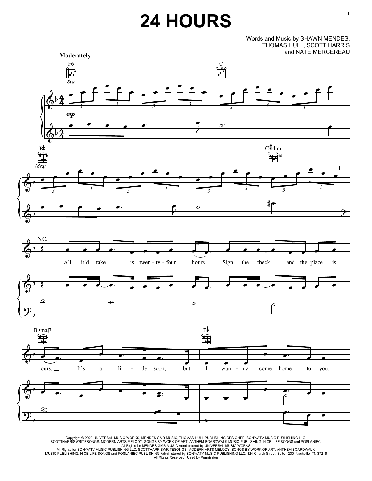 Download Shawn Mendes 24 Hours Sheet Music and learn how to play Piano, Vocal & Guitar Chords (Right-Hand Melody) PDF digital score in minutes