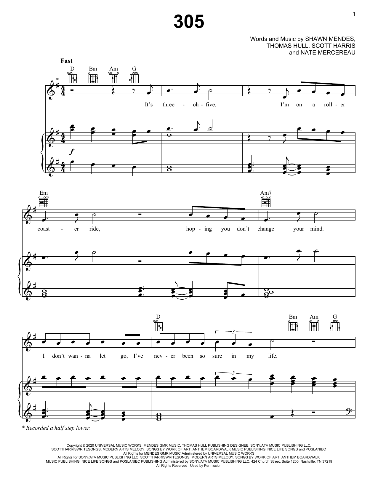 Download Shawn Mendes 305 Sheet Music and learn how to play Piano, Vocal & Guitar Chords (Right-Hand Melody) PDF digital score in minutes