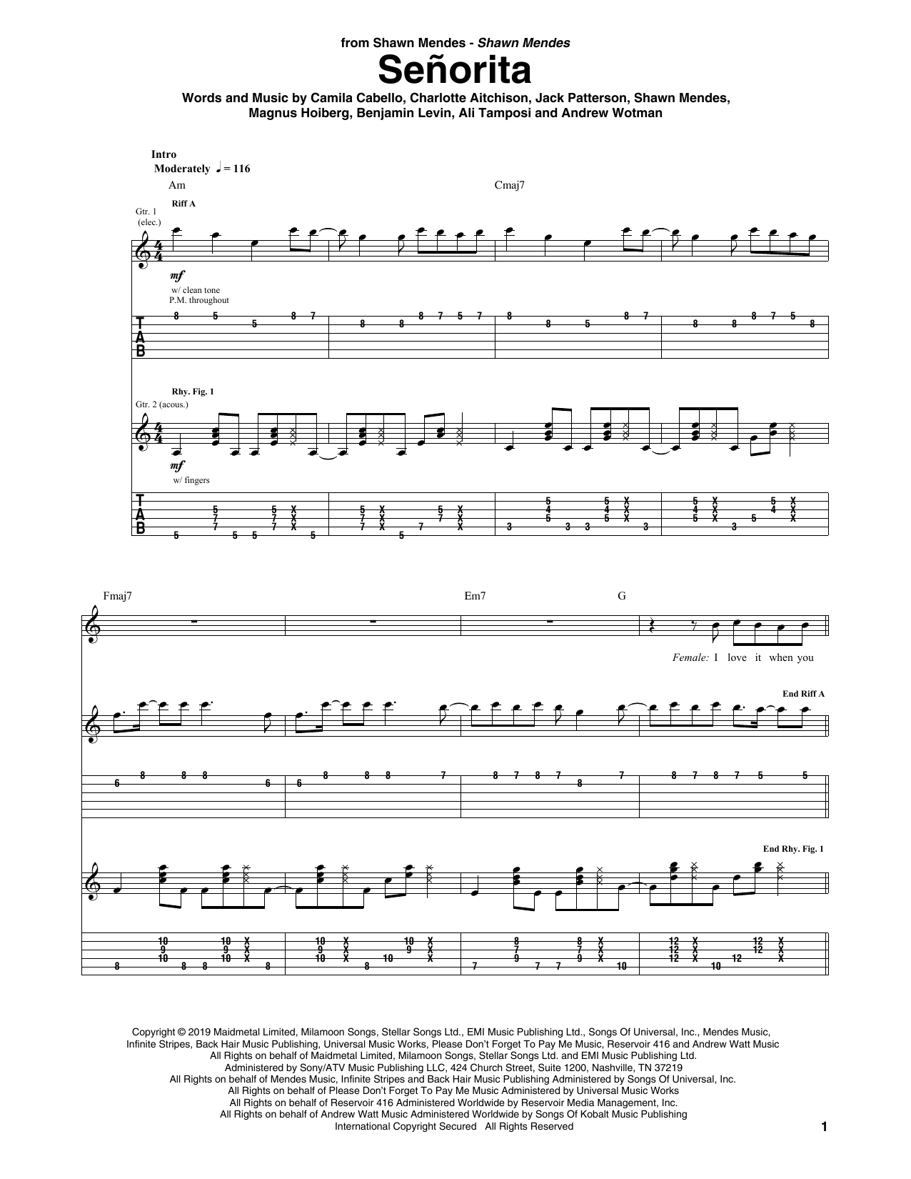 Download Shawn Mendes & Camila Cabello Señorita Sheet Music and learn how to play Guitar Tab PDF digital score in minutes