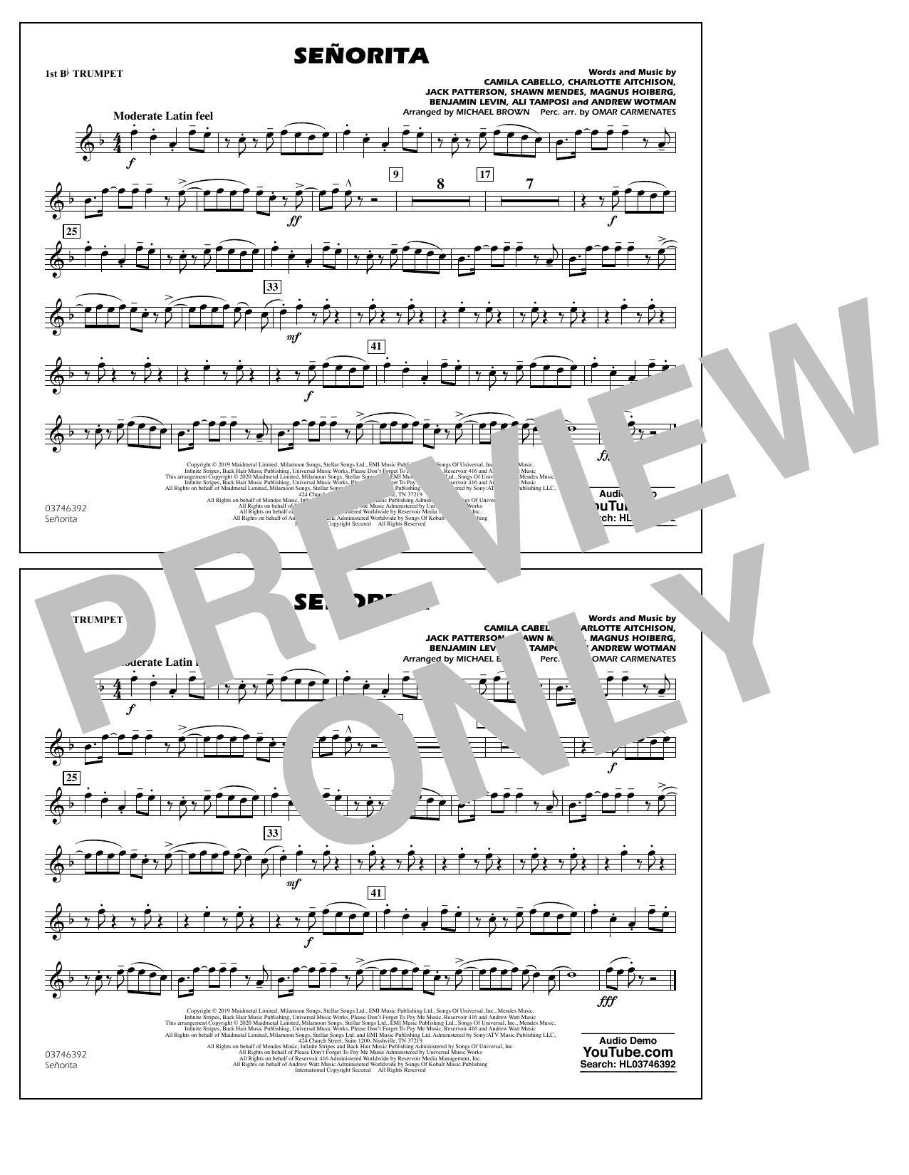 Download Shawn Mendes & Camila Cabello Señorita (arr. Carmenates and Brown) - 1st Bb Trumpet Sheet Music and learn how to play Marching Band PDF digital score in minutes