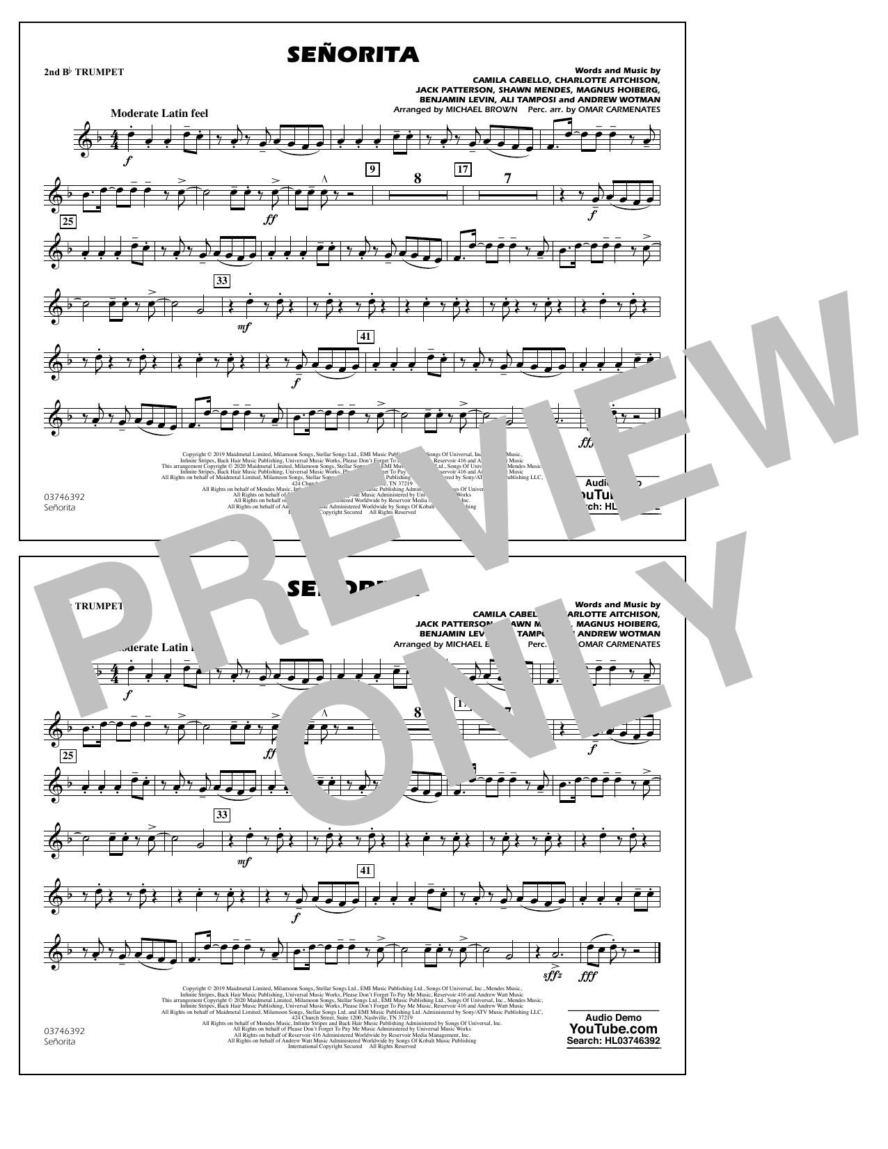 Download Shawn Mendes & Camila Cabello Señorita (arr. Carmenates and Brown) - 2nd Bb Trumpet Sheet Music and learn how to play Marching Band PDF digital score in minutes