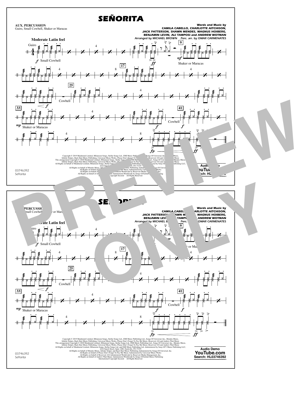 Download Shawn Mendes & Camila Cabello Señorita (arr. Carmenates and Brown) - Aux Percussion Sheet Music and learn how to play Marching Band PDF digital score in minutes