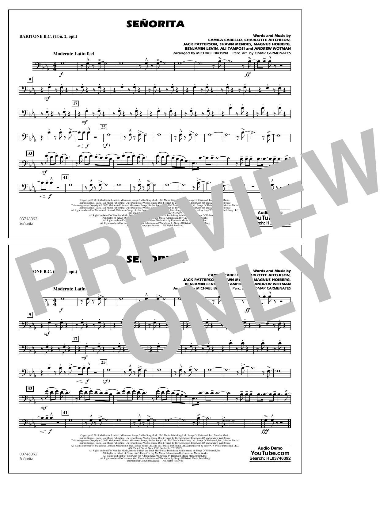 Download Shawn Mendes & Camila Cabello Señorita (arr. Carmenates and Brown) - Baritone B.C. Sheet Music and learn how to play Marching Band PDF digital score in minutes