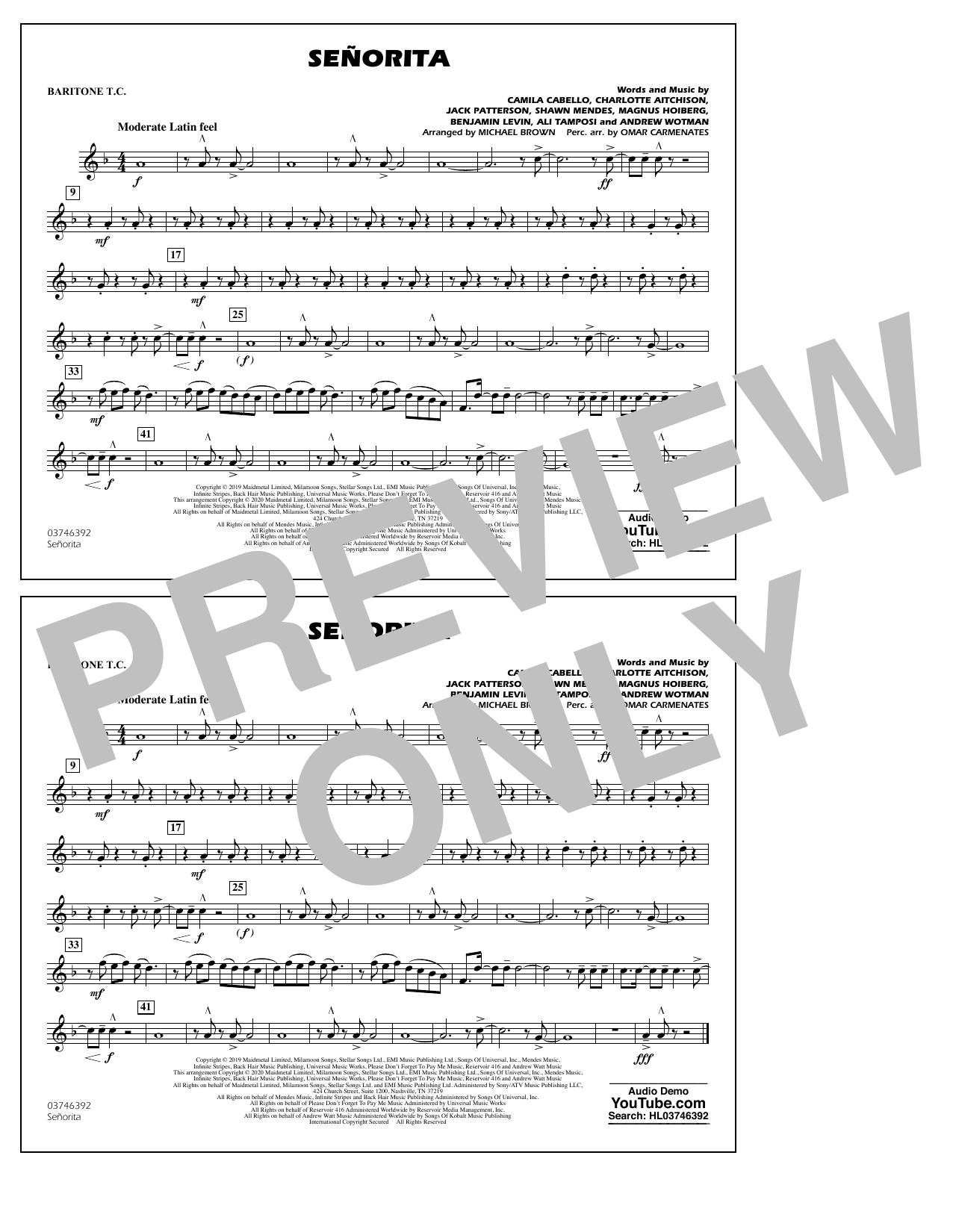 Download Shawn Mendes & Camila Cabello Señorita (arr. Carmenates and Brown) - Baritone T.C. Sheet Music and learn how to play Marching Band PDF digital score in minutes