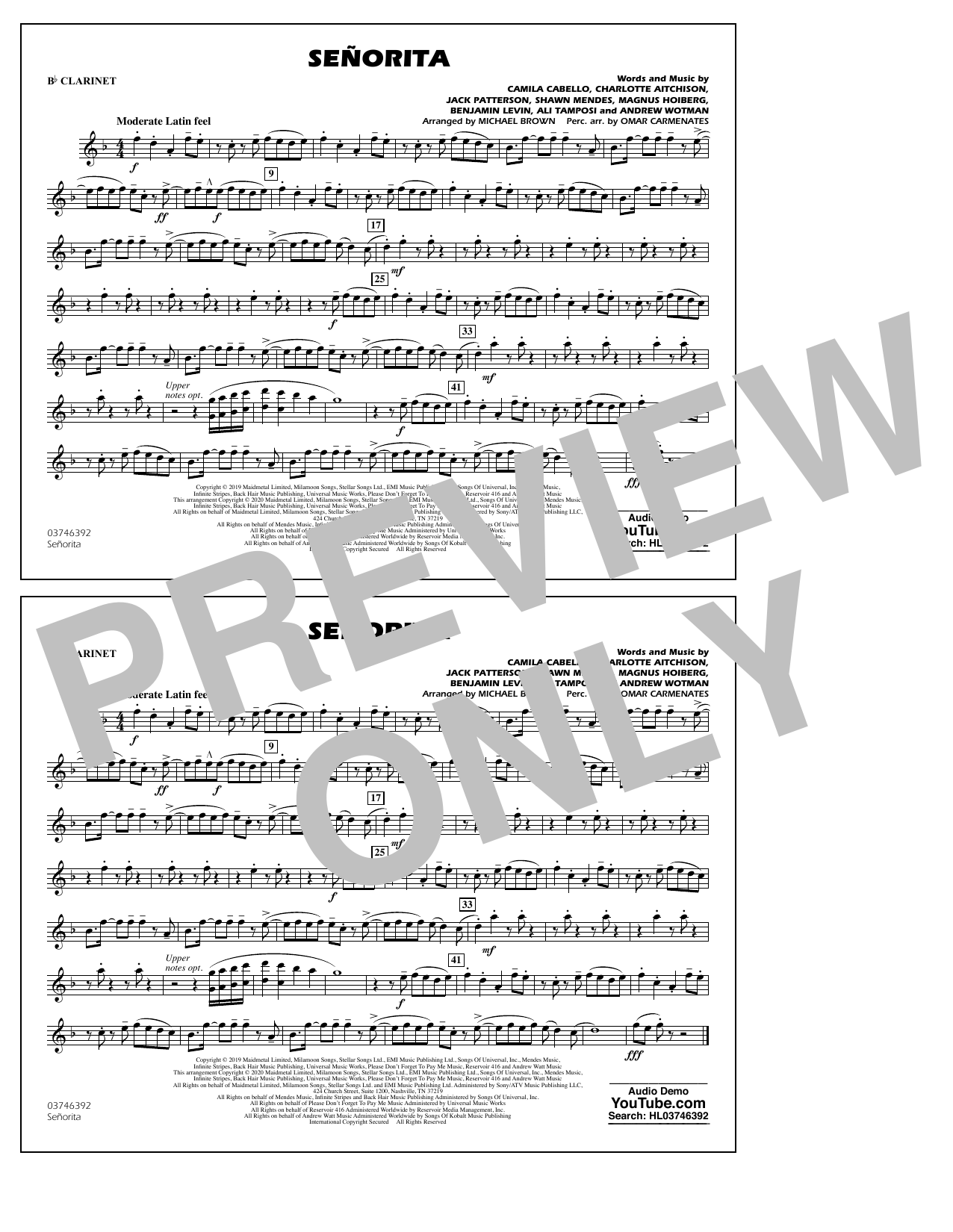 Download Shawn Mendes & Camila Cabello Señorita (arr. Carmenates and Brown) - Bb Clarinet Sheet Music and learn how to play Marching Band PDF digital score in minutes