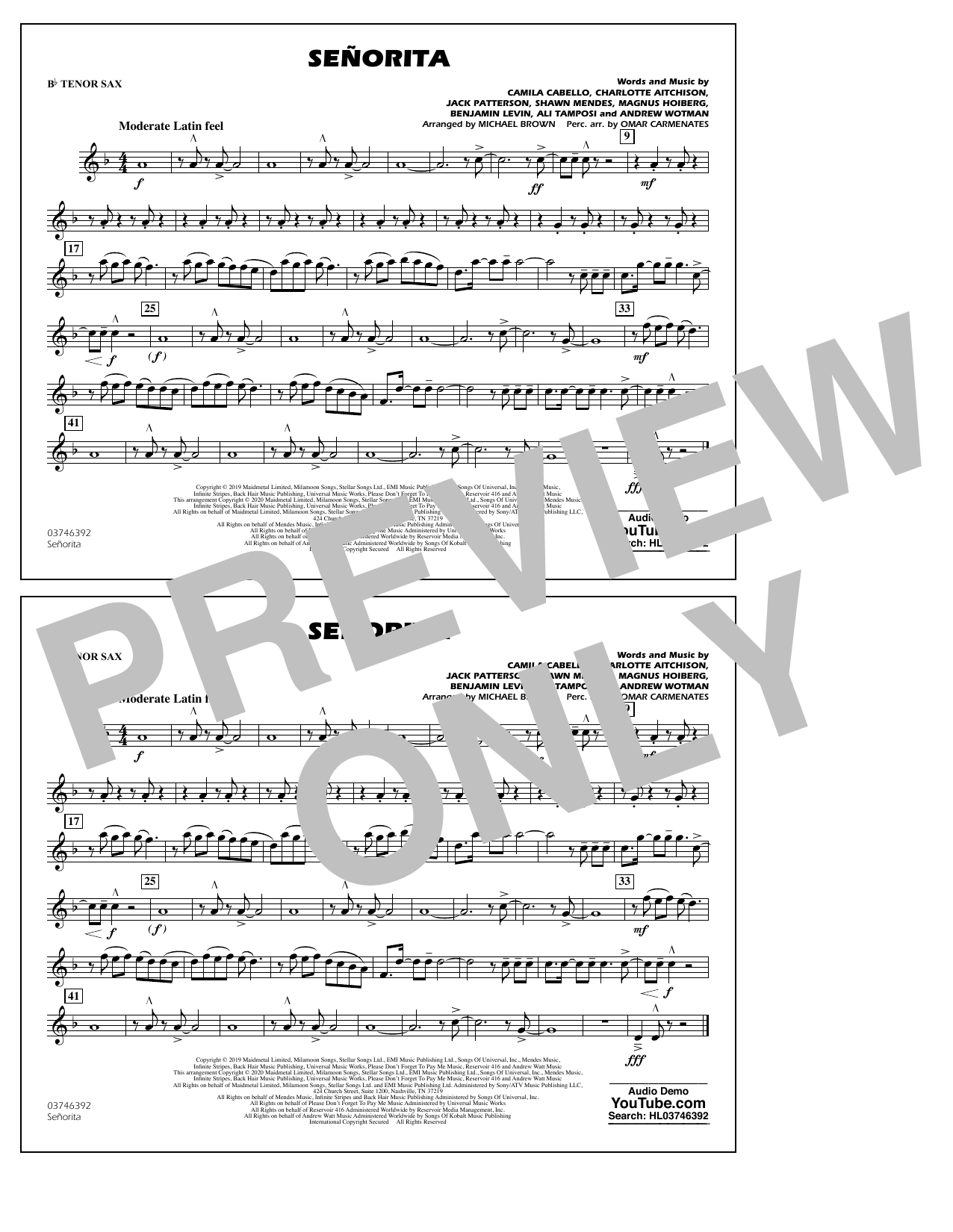 Download Shawn Mendes & Camila Cabello Señorita (arr. Carmenates and Brown) - Bb Tenor Sax Sheet Music and learn how to play Marching Band PDF digital score in minutes