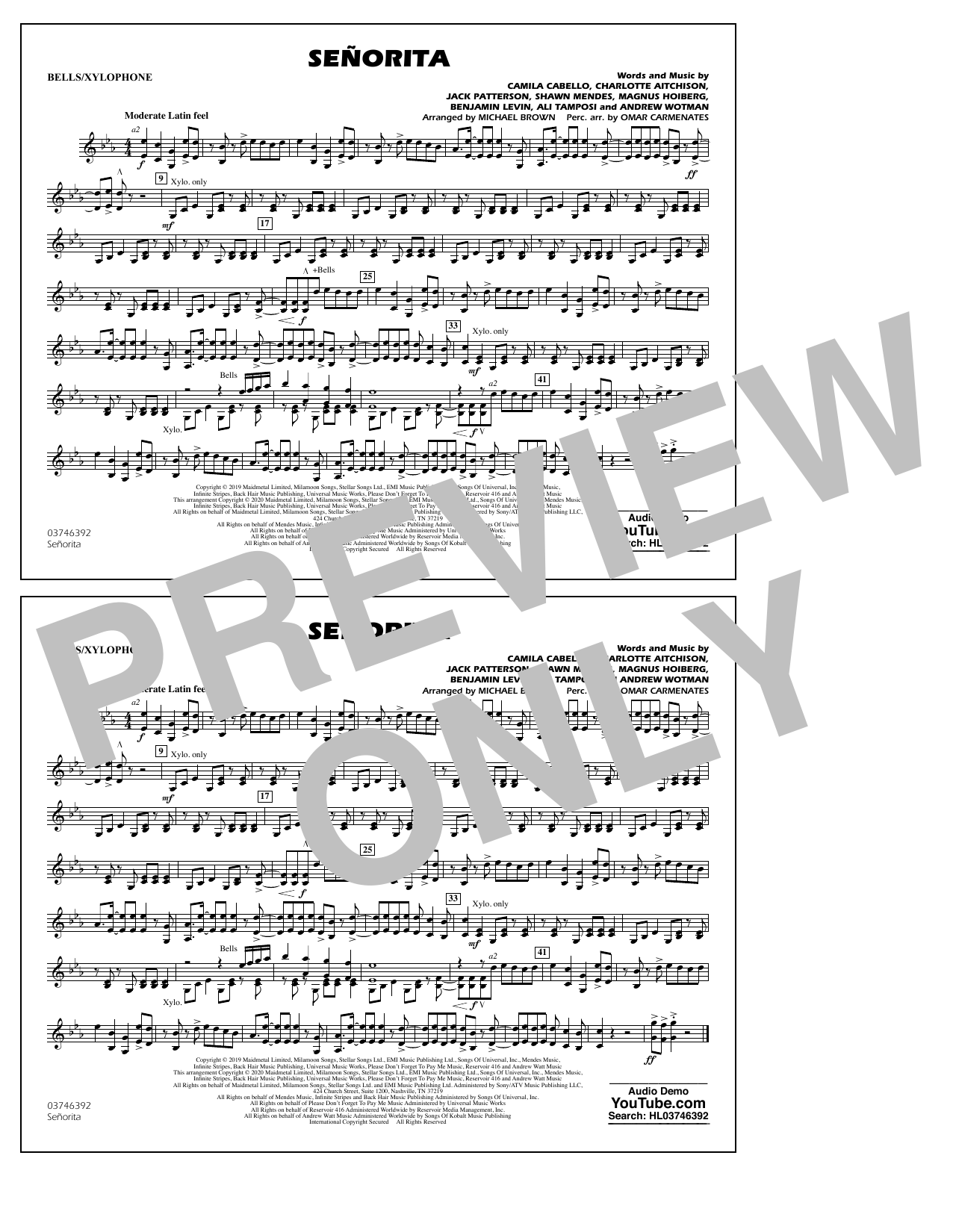 Download Shawn Mendes & Camila Cabello Señorita (arr. Carmenates and Brown) - Bells/Xylophone Sheet Music and learn how to play Marching Band PDF digital score in minutes