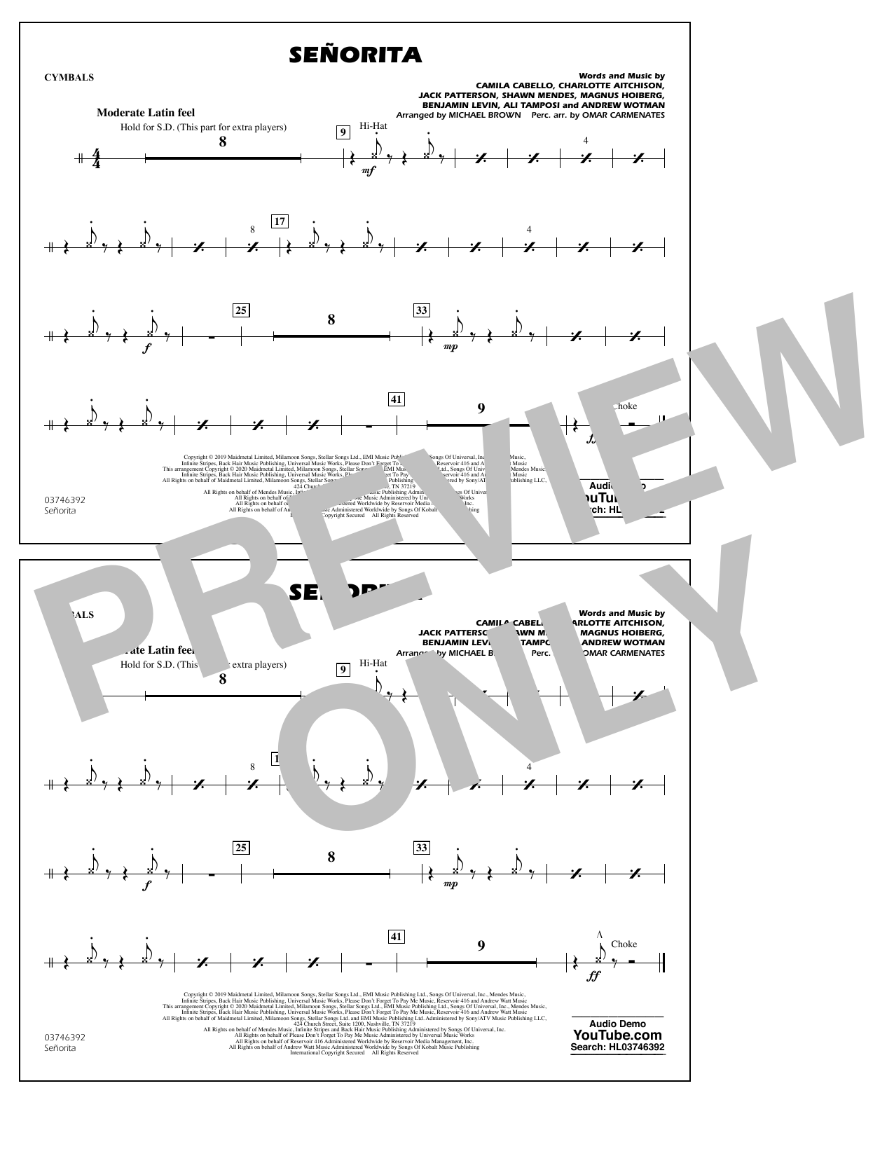 Download Shawn Mendes & Camila Cabello Señorita (arr. Carmenates and Brown) - Cymbals Sheet Music and learn how to play Marching Band PDF digital score in minutes