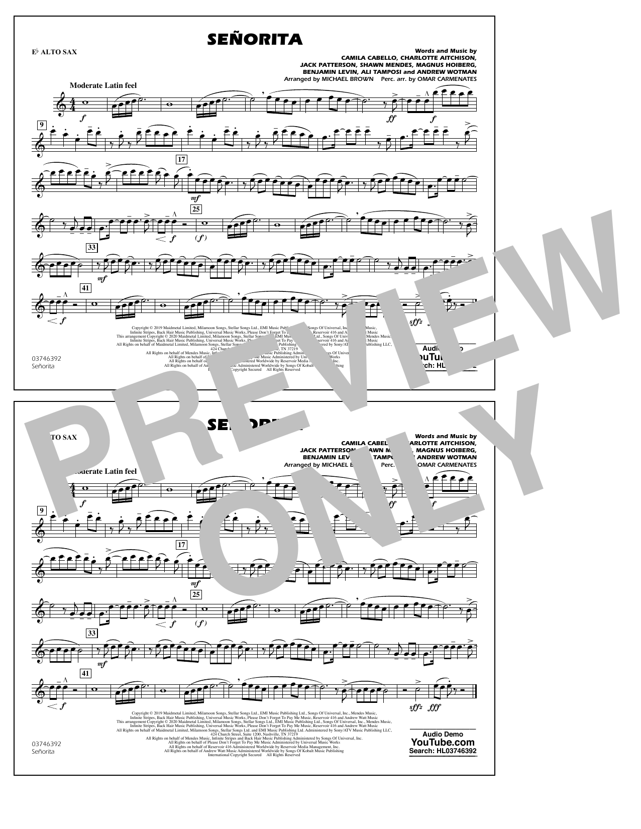 Download Shawn Mendes & Camila Cabello Señorita (arr. Carmenates and Brown) - Eb Alto Sax Sheet Music and learn how to play Marching Band PDF digital score in minutes