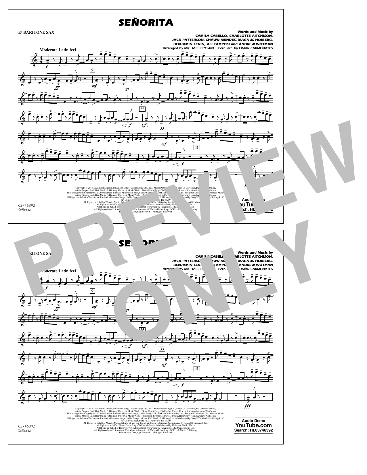 Download Shawn Mendes & Camila Cabello Señorita (arr. Carmenates and Brown) - Eb Baritone Sax Sheet Music and learn how to play Marching Band PDF digital score in minutes