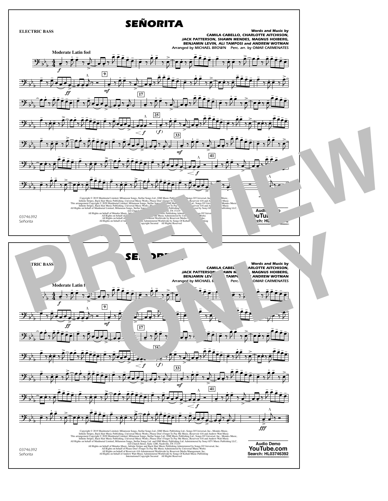 Download Shawn Mendes & Camila Cabello Señorita (arr. Carmenates and Brown) - Electric Bass Sheet Music and learn how to play Marching Band PDF digital score in minutes