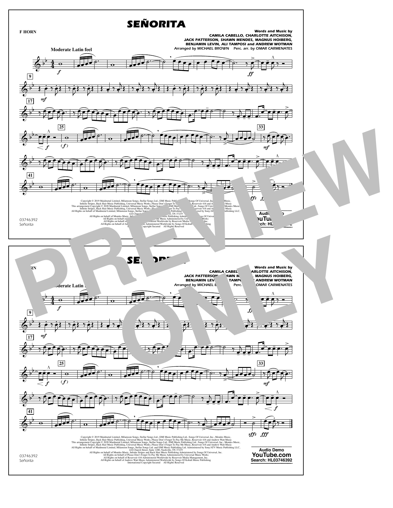 Download Shawn Mendes & Camila Cabello Señorita (arr. Carmenates and Brown) - F Horn Sheet Music and learn how to play Marching Band PDF digital score in minutes